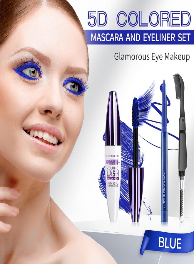مجموعة ماسكارا وكحل عيون زرقاء من UAOE، ماسكارا ملونة خماسية الأبعاد، مقاومة للماء، تمنح الرموش كثافة وطولاً طبيعيين، مناسبة لمكياج عيون النساء - Image 2